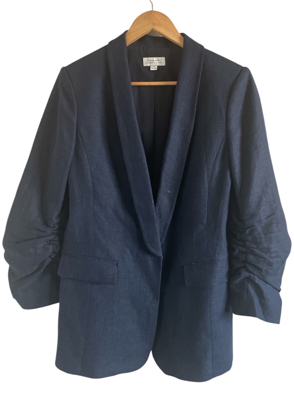 Tahari 100% Linen Blazer Jacket Ruched Sleeve Preppy Coastal Navy Size 14